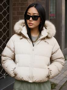 Palton scurt, călduros, cu glugă, din blană artificială, pentru femei, toamnă/iarnă 2025-2026, impermeabil, cu fermoar, croială dreaptă, stil casual urban elegant