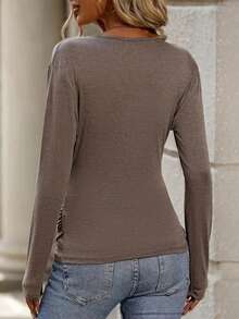 Women's Casual V-Neck Long Sleeve Top Autumn & Winter Versatile For Commute Office & Home - 咖啡棕 - 查看 3