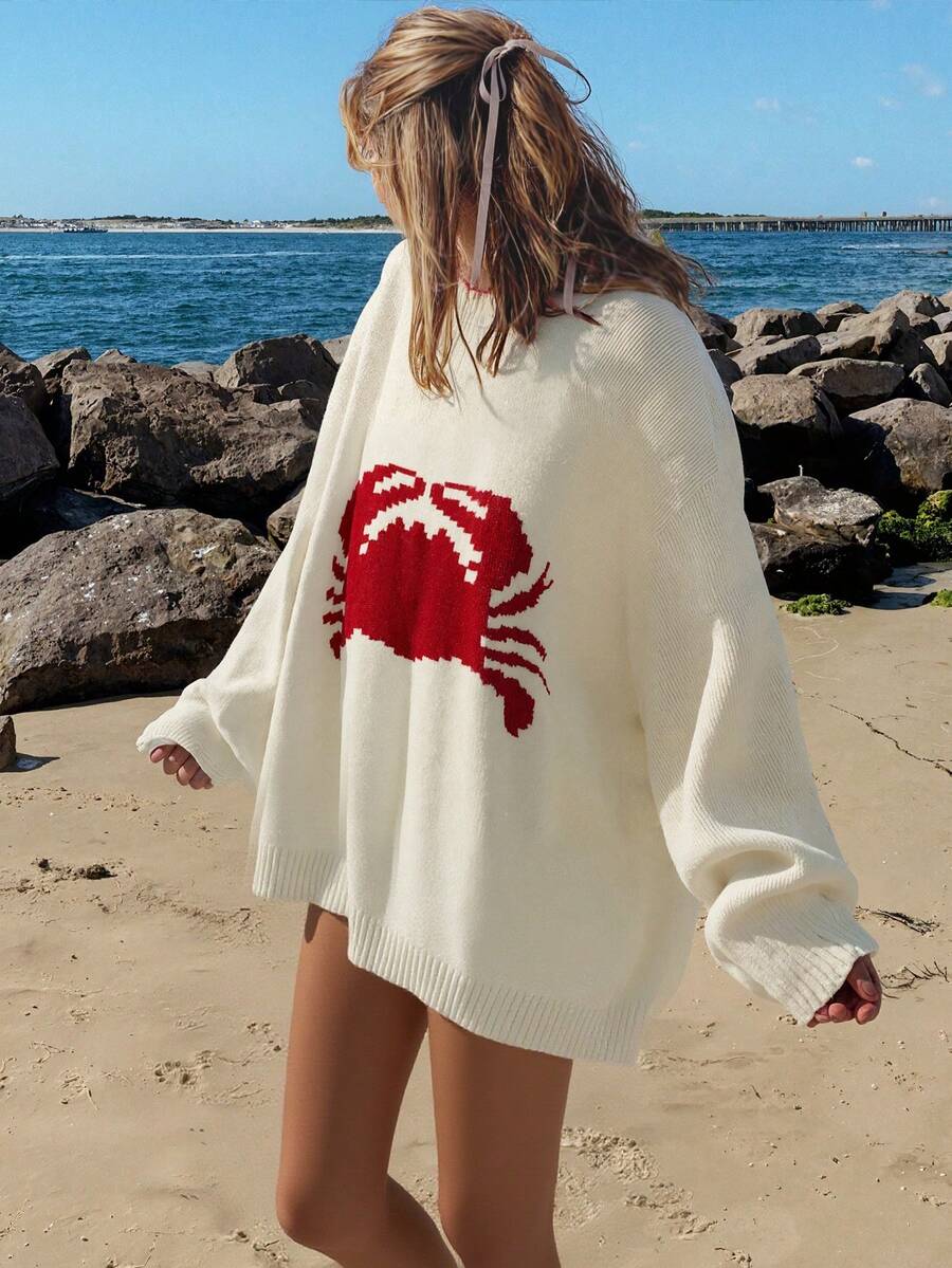 Áo len dài tay cổ tròn trễ vai họa tiết cua đơn giản, thoải mái cho nữ, mùa thu/đông - Màu be - Xem 1