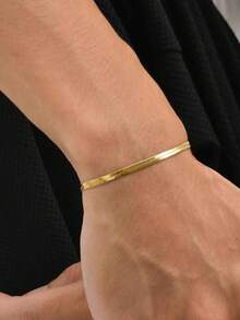 1pc Vintage Minimalist Plain Stainless Steel Flat Snake Chain 18K Gold Color Bracelet, Unisex Jewelry Accessory, Suitable For Autumn, Daily Wear - Flat Snake Company - View 3