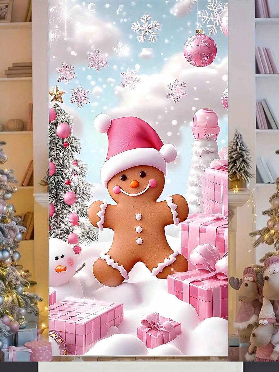Copertura per porta natalizia da 90x180cm in poliestere rosa a tema natalizio festivo con caramelle pan di zenzero, per decorazioni interne ed esterne, feste e vacanze