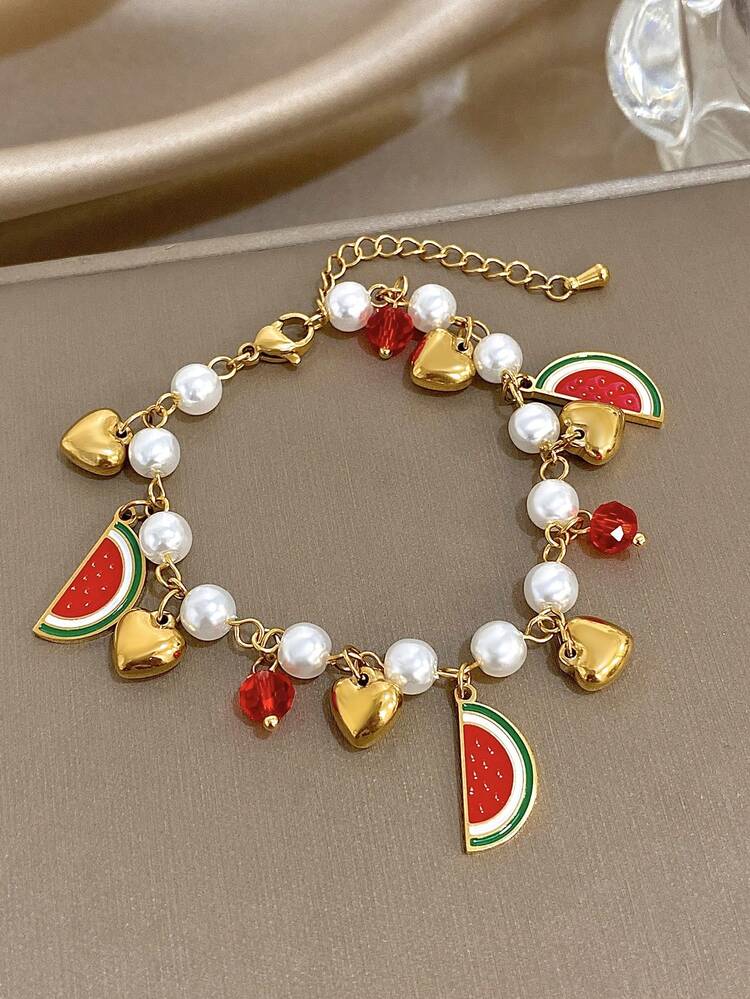 1 件镀不锈钢西瓜珍珠串珠手链，适合女士，甜美清新串珠首饰妈妈礼物圣诞节感恩节万圣节婚礼珠宝周年情人节波西米亚风珠宝日常派对礼物 - 彩色 - 查看 5
