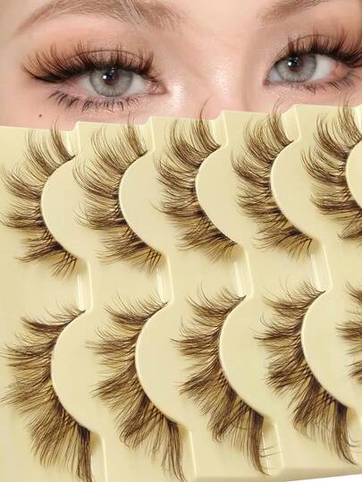 Rikuaild 5 对漫画睫毛棕色假睫毛动漫狐狸眼睫毛，自然外观纤细柔软棕色睫毛延长，漫画眼透明带可重复使用自然睫毛日常化妆条状睫毛，睫毛，睫毛，假睫毛