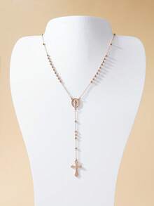 1pc 3mm Stainless Steel Gold Color Rosary Chain Necklace With Cross Pendant, European & American Popular Style