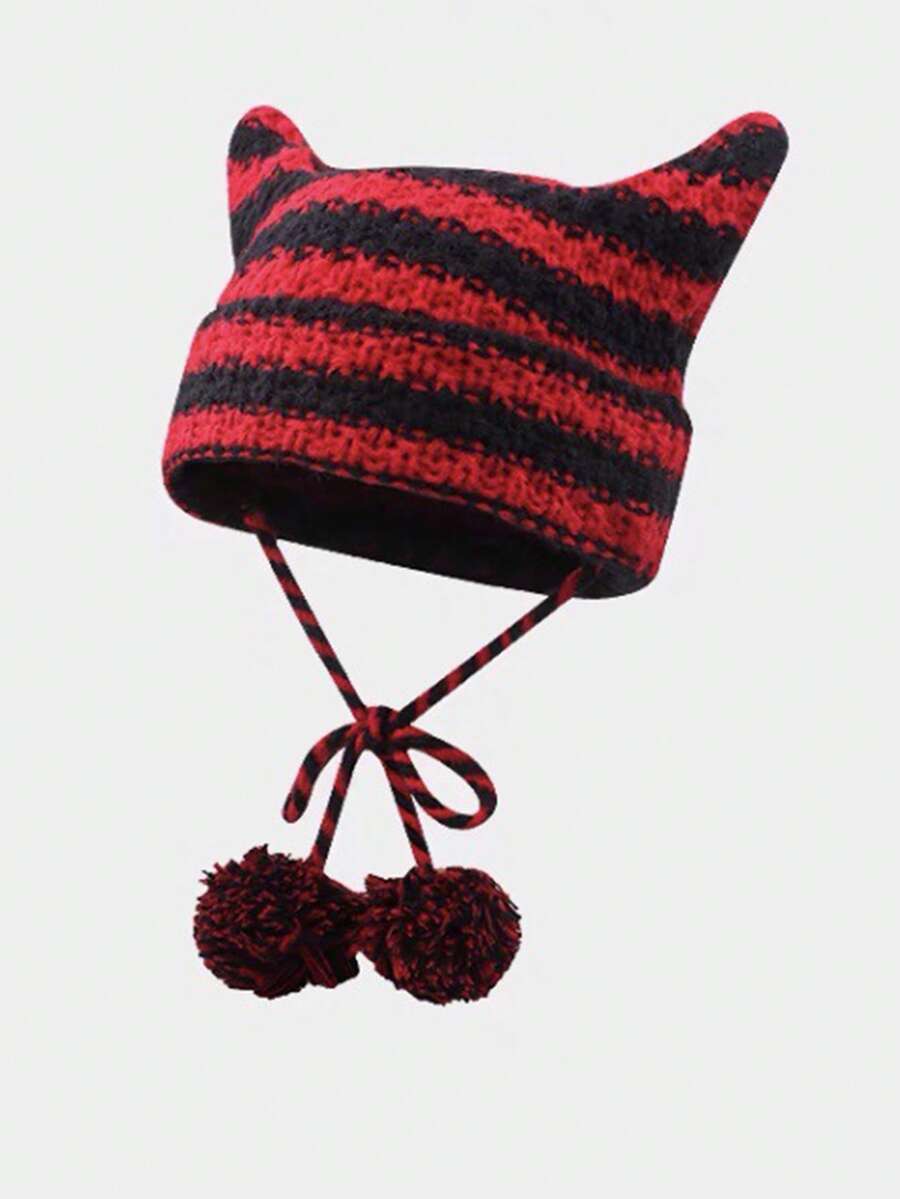 1 pieza Gorro de punto con orejas de gato a rayas blancas y negras, cálido para mujeres en otoño/invierno, estilo Y2K