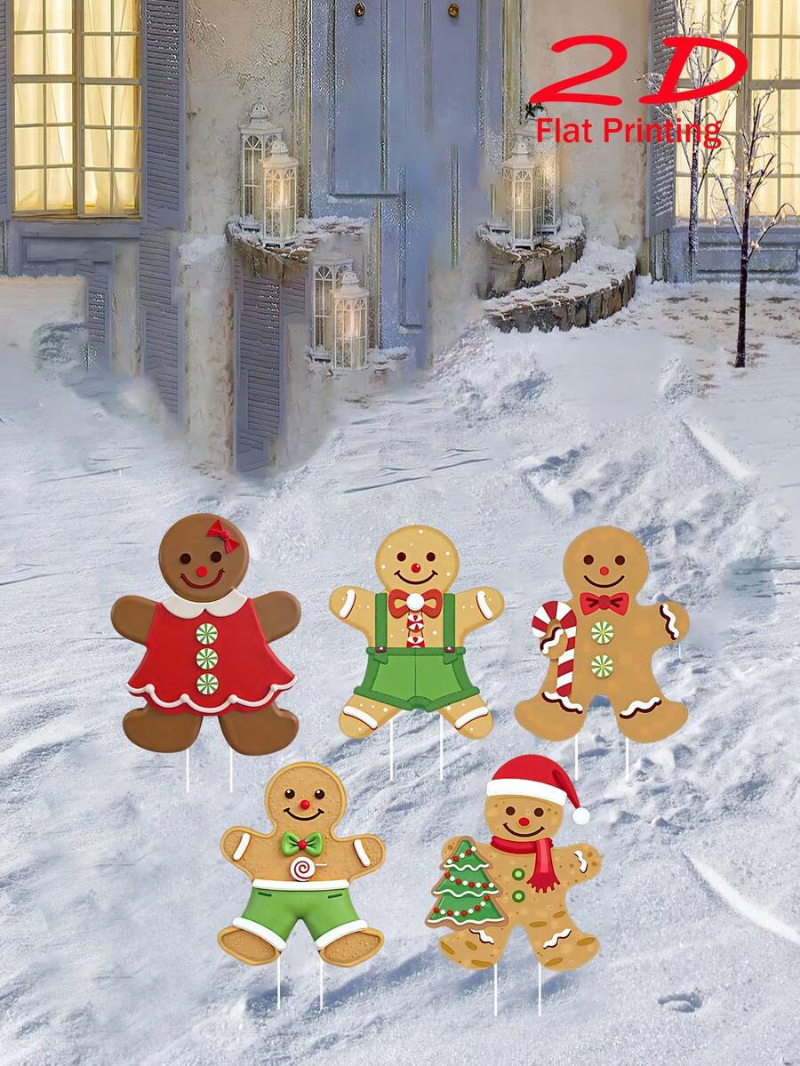 5 pièces Piquets de jardin en forme d'homme en pain d'épices en acrylique, convient pour la cour, la pelouse et les fêtes de vacances - cadeau idéal pour la famille et les amis - plat 2D, monté au sol, sans électricité requise, thème festif, occasion de Noël, matériau en plastique. Décoration de jardin, décoration de Noël, décoration extérieure