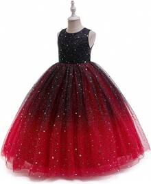Adolescent Sparkly Flower Girl Dress Sequin Tulle Princess Gown For Wedding Pageant - Black & Red - View 3