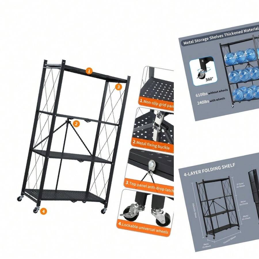 4-Tier Foldable Heavy Duty Metal Shelves With Wheels, No Assembly, Rust Proof, For Garage, Kitchen & Office