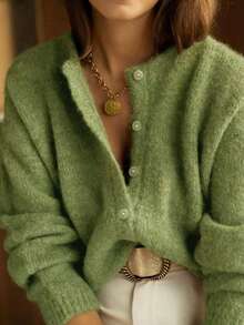 Women's Knitted Crew Neck Long Sleeve Cardigan, Button Detail Design, Minimalist Classic Casual Style, Suitable For Daily Wear, Autumn/Winter Sweater - Olive Green - View 3