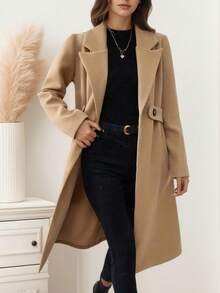 Elegancki damski płaszcz tweedowy w jednolitym kolorze, uniwersalna, swobodna, dopasowana kurtka