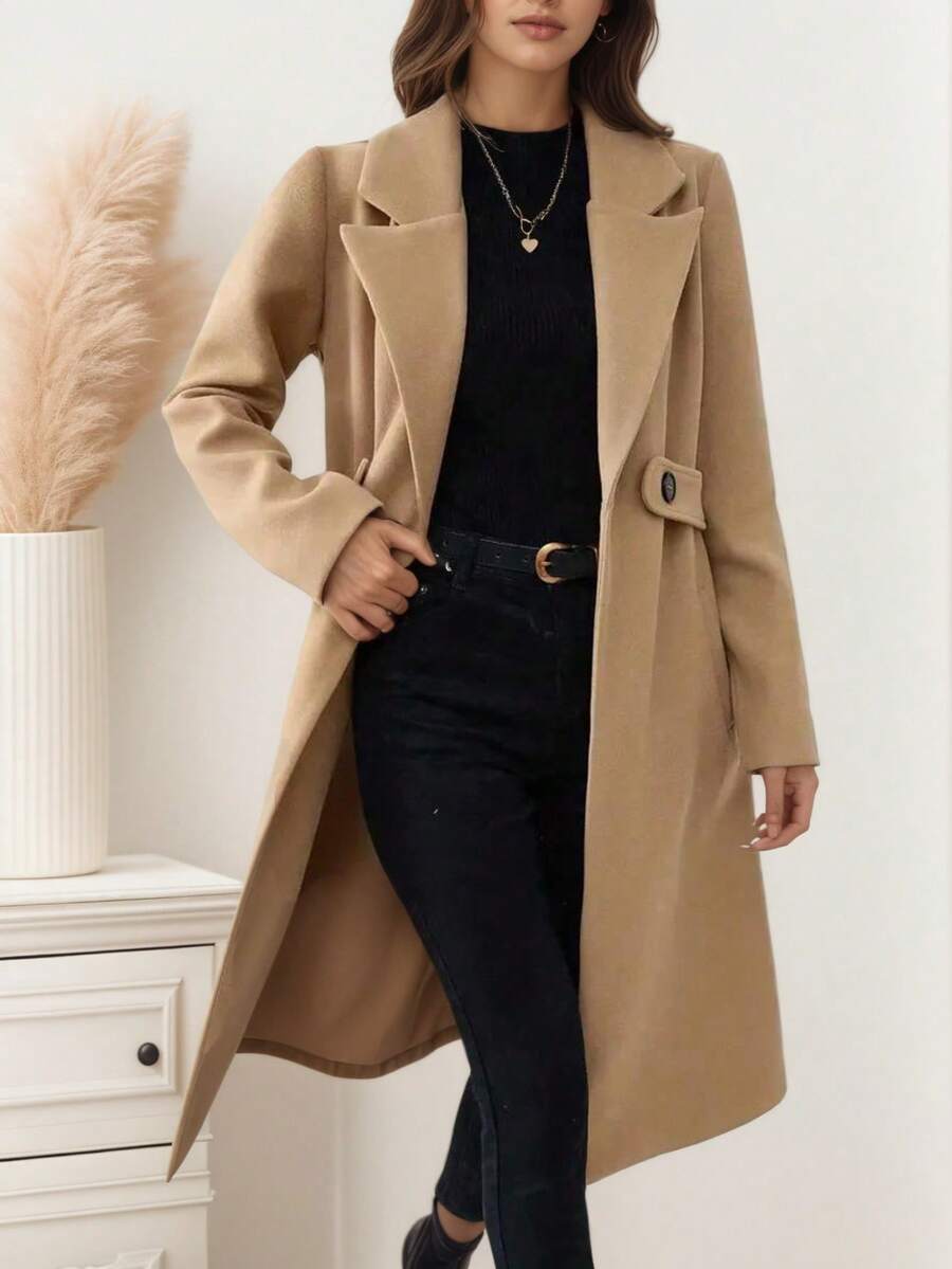 Elegancki damski płaszcz tweedowy w jednolitym kolorze, uniwersalna, swobodna, dopasowana kurtka