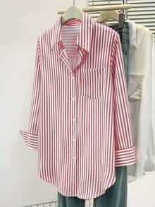 女士休闲基础款条纹尖领长袖衬衫，带纽扣口袋，适合日常办公穿着，秋冬春季皆宜 - 紅色 - 查看 3
