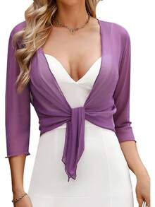 Aiboria Womens 3/4 Sleeve Shrug Sheer Mesh Bolero Tie Front Cropped Cardigan S-XXL - Hoa oải hương - Xem 7