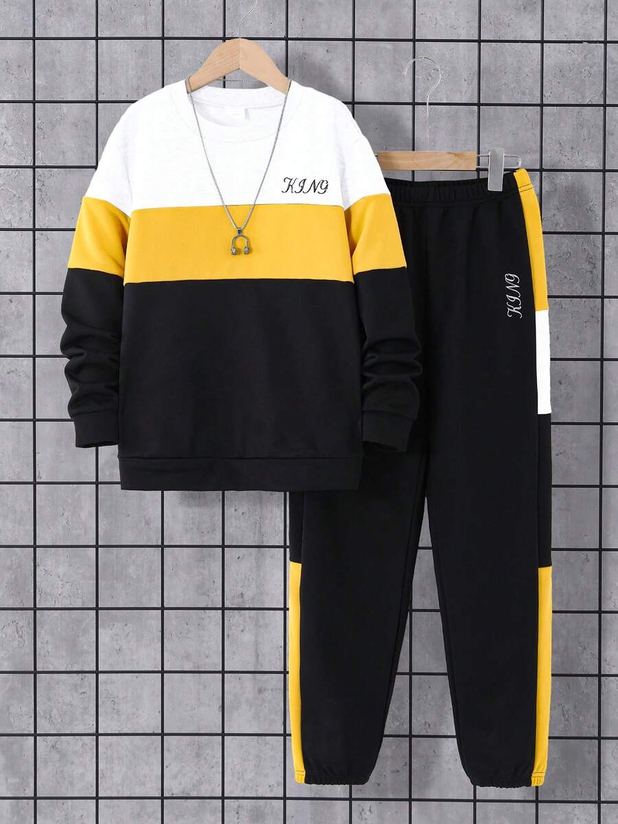 2 piezas Conjunto de niño con camiseta de cuello redondo con estampado gráfico y pantalón largo, otoño/invierno - Amarillo - Ver 1