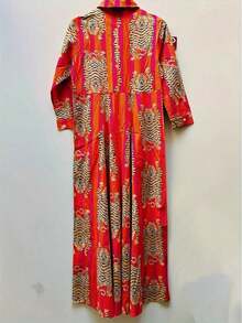 Tiger Print Maxi Dress, Women's Fall Holiday Dress, Button-Down Waist Shirt Dress, Three-Quarter Sleeves, Side Pockets, Lapel - 彩色 - 查看 2