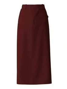 Chân váy Maxi chữ A dệt kim thanh lịch dành cho nữ có túi, co giãn vừa phải, thoải mái khi mặc - Màu Đỏ Sâu - Xem 2