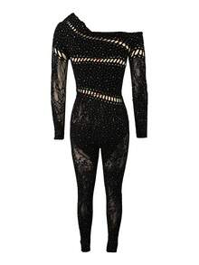 Sexy Sheer Mesh See-Through Elastic Elastic Jumpsuit Sheer Diamond One Piece Fishnet Bodysuit - 黑色 - 查看 4