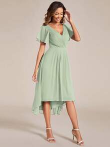 Women's Ruffle V-Neck Asymmetric Hem Mid-Length Dress With Puff Sleeves, Suitable For Wedding Guest Attire - Mint Green - View 4