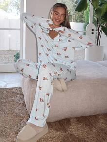 Conjunto de 2 piezas cómodo para mujer de otoño/invierno, top de manga larga con cuello y abotonadura sencilla, y pantalones rectos de pierna, traje informal holgado de unicolor para primavera - Estampado azul claro - Ver 6