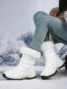 Women's Fashion Snow Boots, Solid Color, Round Toe, Ultrafine Fiber Outer, Fabric Lining, Rubber Sole, Thickened Cushioning, Warm Fleece Lining, Outdoor Footwear - 白色 - 查看 6