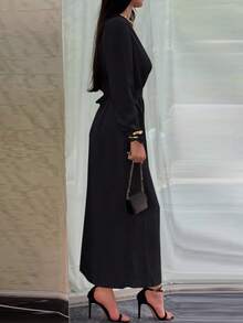 女士时尚V领长袖优雅奶油黄色纯色梭织连衣裙 - 黑色 - 查看 5