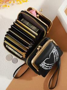 MADLEY 哥特风拉链手拿包，骷髅头图案，万圣节主题，适合购物，女士迷你钱包，小巧可爱，腕包，男士真皮钱包 - 彩色 - 查看 10