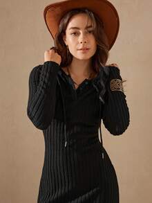 Wildy 女式黑色罗纹抽绳中长紧身连衣裙 - 黑色 - 查看 4