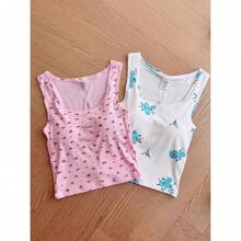 Women Rib Tank Top Padded Workout Top Square Neck Crop Tank Fitted Basic Cami Tops - Floral Forget-me-not Blue - View 6