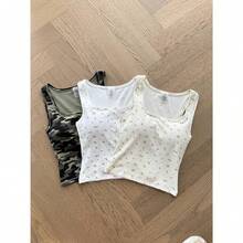 Camiseta de tirantes acanalada para mujer con acolchado, top de entrenamiento de cuello cuadrado, top corto ajustado, camiseta básica de tipo cami - Capullo de rosa de caléndula - Ver 3