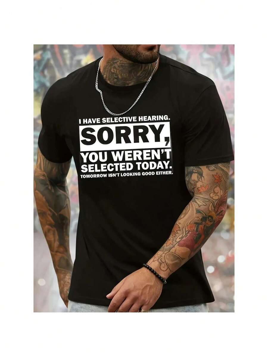 Cotton Short Sleeve  T-Shirt Men's 'I Have Selective Hearing, Sorry You Weren't Selected Today' Graphic Tee - Casual Round Neck T-Shirt With Stretch Fabric, Machine Washable - Summer Fashion By MBDMBD - Black - View 1