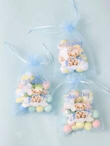 20 pièces Sacs de remerciement avec petits oursons bleus et roses pour bonbons, petits cadeaux avec cordon de serrage, fournitures d'emballage pour fête, organza et tulle pour maquillage