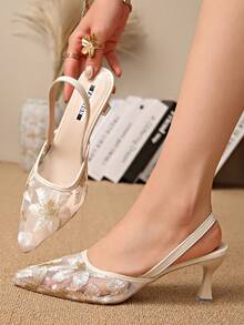 新款中国风白色高跟穆勒鞋，尖头蕾丝刺绣套脚凉鞋，猫跟鞋 - 米色 - 查看 4