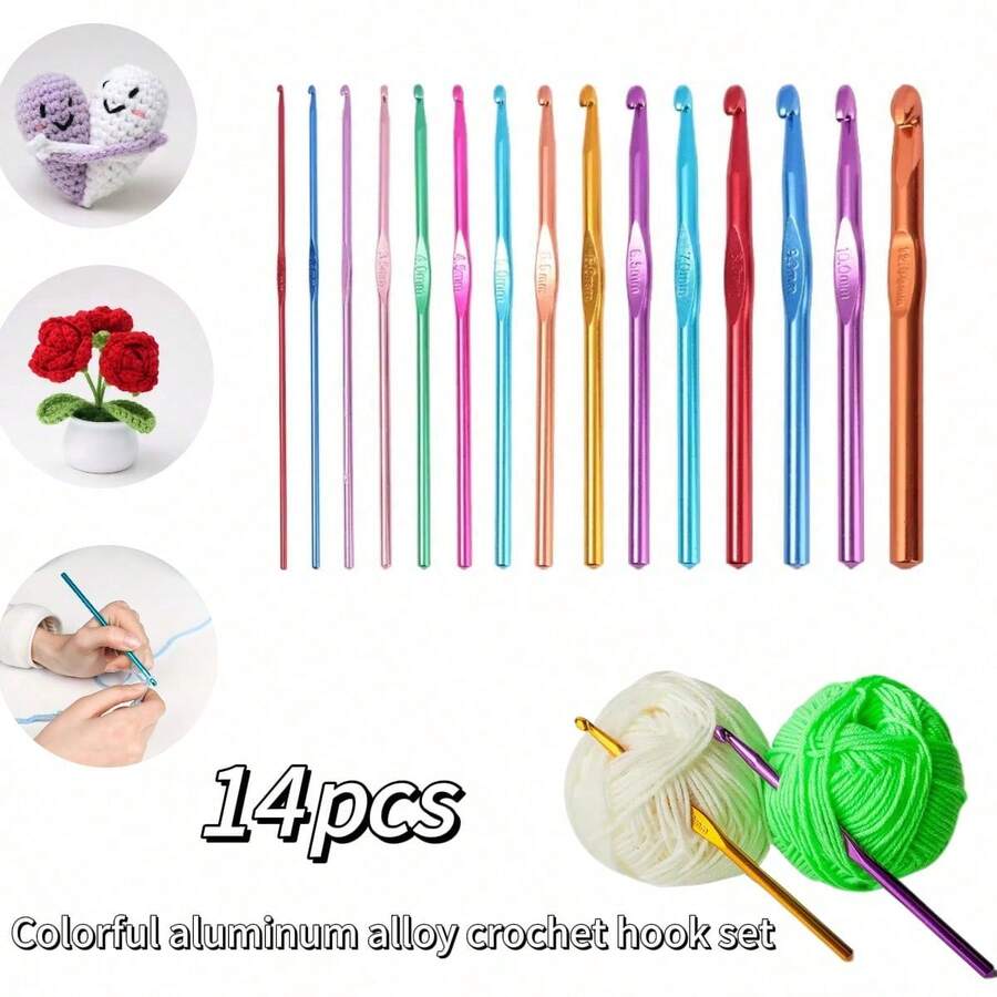 14-Piece Colorful Aluminum Crochet Hook Set, 2-10 Mm Knitting Needles, Suitable For Beginners, Single-Head Knitting Crochet DIY Tools, Sweater Scarf Needles - Mix Color - View 1