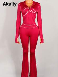 Akaily Fall Street Lounge Sets For Women Graphic Print Zip Up Hoodie Pants Outfits Workout Long Sleeve Rave Two Pieces Set Women - Màu Hồng Tươi - Xem 5