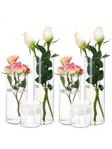 1 套玻璃圆柱花瓶，透明花瓶，防风烛台，适用于餐桌装饰、婚礼家居装饰、Rama 装饰礼品、生日毕业典礼、房间装饰等。 - 無色 - 查看 3