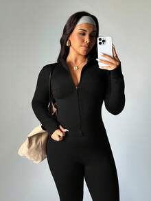 FWH Conjunto de invierno de talla grande con puños con agujero para el pulgar, con cremallera delantera, campana alargadora de piernas, chic de lujo de rendimiento de estilo retro futurista, conjunto de entrenamiento de cuello alto, ropa de yoga con cremallera, pantalones acampanados con control de abdomen, conjunto de ropa deportiva térmica, chaqueta con cremallera y cuello alto y pantalones de yoga acampanados para mujer, conjunto de 2 piezas para mujer - Negro - Ver 4