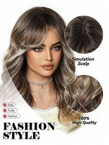 Brown Highlight Synthetic Wig With Bangs, Dark Brown Long Wavy Layered Wig, Suitable For Women's Daily Party Cosplay Wig 20 Inch,For Women Girls Natural Looking Daily Party Cosplay Halloween Wigs For Halloween And Christmas New Year Carnival Music Festival Cosplay ,Gifts For Girls,Summer Graduation Gifts,Ready-Made Gifts,Halloween Christmas Gifts - 挑染棕色 - 查看 8