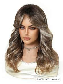 Brown Highlight Synthetic Wig With Bangs, Dark Brown Long Wavy Layered Wig, Suitable For Women's Daily Party Cosplay Wig 20 Inch,For Women Girls Natural Looking Daily Party Cosplay Halloween Wigs For Halloween And Christmas New Year Carnival Music Festival Cosplay ,Gifts For Girls,Summer Graduation Gifts,Ready-Made Gifts,Halloween Christmas Gifts - 挑染棕色 - 查看 5