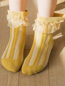 6 Pairs Cotton Children Middle & Small Kids Double Layer Solid Color Mesh Mid-Calf Socks With Lace - Multicolor - View 2