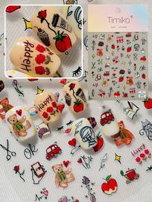 A High-End Romantic Nail Sticker With Relief Laser Technology, Graffiti Hand Drawn Style, Featuring Romantic Roses, Cute Bears, Heart Data And Other Hand Drawn Patterns, Suitable For Personal DIY And Nail Phone Decoration