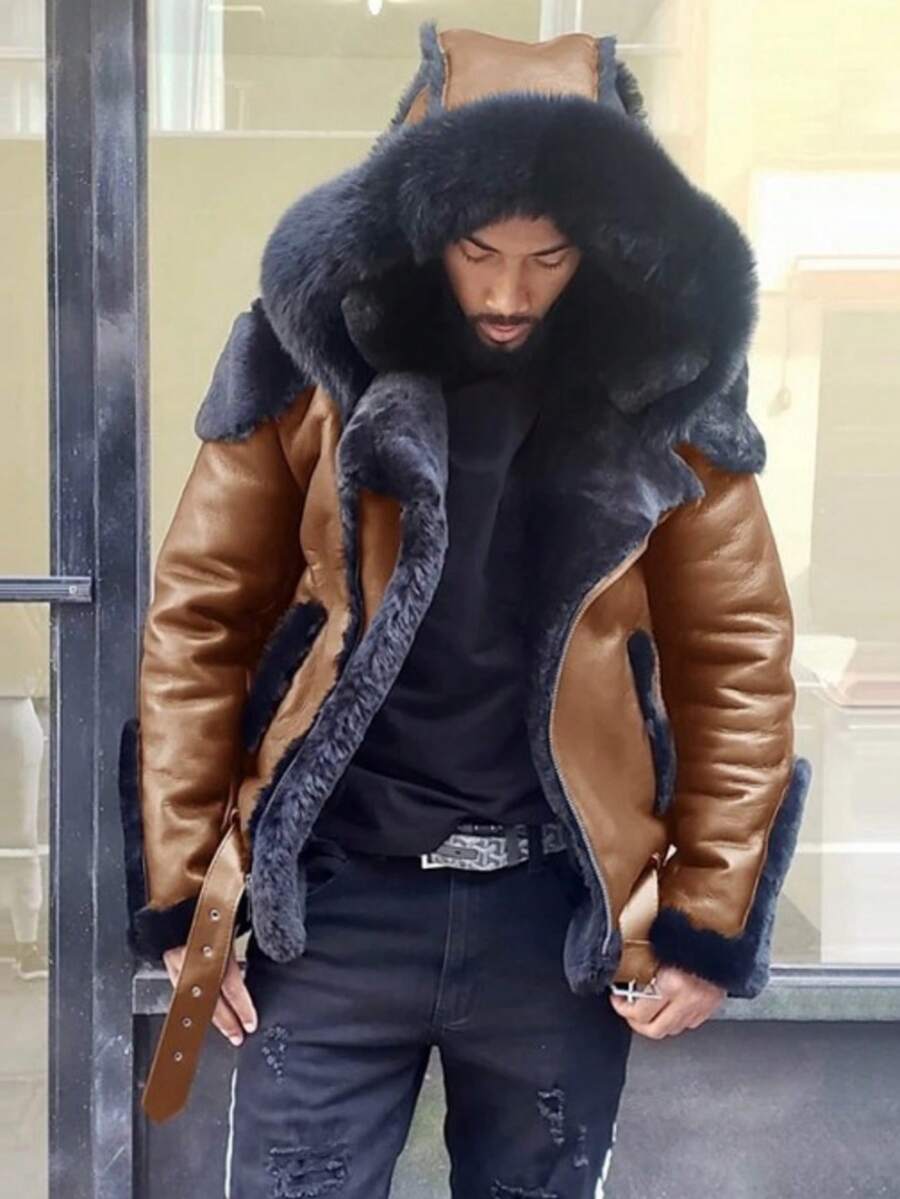 Men's Casual Solid Color Leather Zippered Long-Sleeved Jacket, Autumn, Perfect For Going Out, A Gift For A Boyfriend, College Parties, Sports, Or Street Wear. - 棕色 - 查看 1