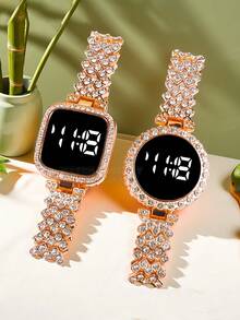 2pcs New Square Circular Set LED Temperament Electronic Watch For Girls And Students, Light Luxury Full Diamond Fashion Versatile Touch Digital Electronic Watch For Women, Gift Set - Black - View 13