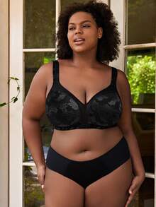 WINGSLOVE Plus Size Shaping Bra, Wireless Wide Strap Jacquard Full Coverage Unpadded - Black - View 6