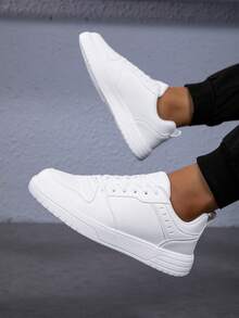 大码男士轻便休闲运动鞋 - 防滑 EVA 鞋底，纯色超细纤维鞋面和织物衬里，圆头系带设计，厚底休闲运动鞋，适合户外、校园、派对、度假、街头、滑板，简约百搭的鞋子 - 白色 - 查看 4