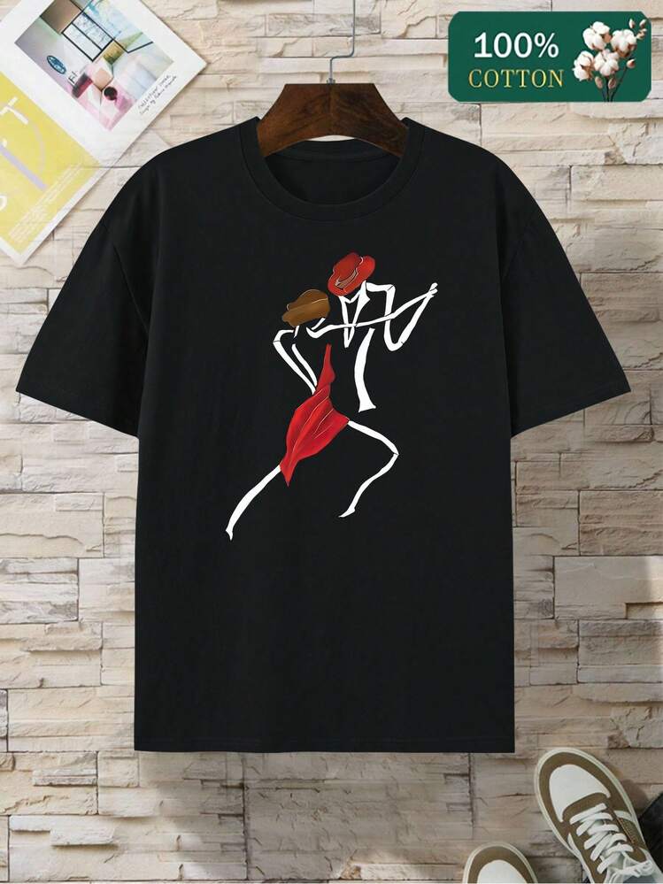 Regalo de San Valentín - Camiseta de algodón puro de alto gramaje para hombre, casual, versátil y de moda, con cuello redondo y estampado de estilo de arte lineal minimalista - Negro - Añade 1
