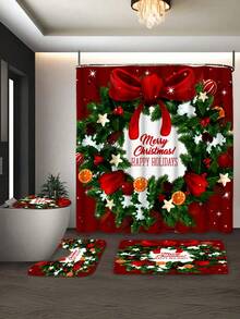 1/3/4 Stücke Weihnachts Duschvorhang Set, Weihnachts Schleife und Geschenk Muster bedruckter Badezimmer Fenster Duschvorhang Set, Badezimmer Set beinhaltet rutschfeste Badematte, U-förmige Toilettenvorleger, Toilettendeckel Abdeckung und Duschvorhang Zubehör, geeignet für Badezimmer Dekoration, Heimdekoration und Duschdekor, Feiertags Geschenk, Feiertags Dekoration, Weihnachtsdekoration