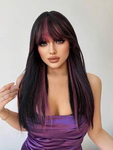 1 perucă sintetică rezistentă la căldură cu breton, perucă lungă și dreaptă multicoloră, 6,7 metri lungime, din fibră, potrivită pentru utilizare zilnică, perucă cu simulare naturală