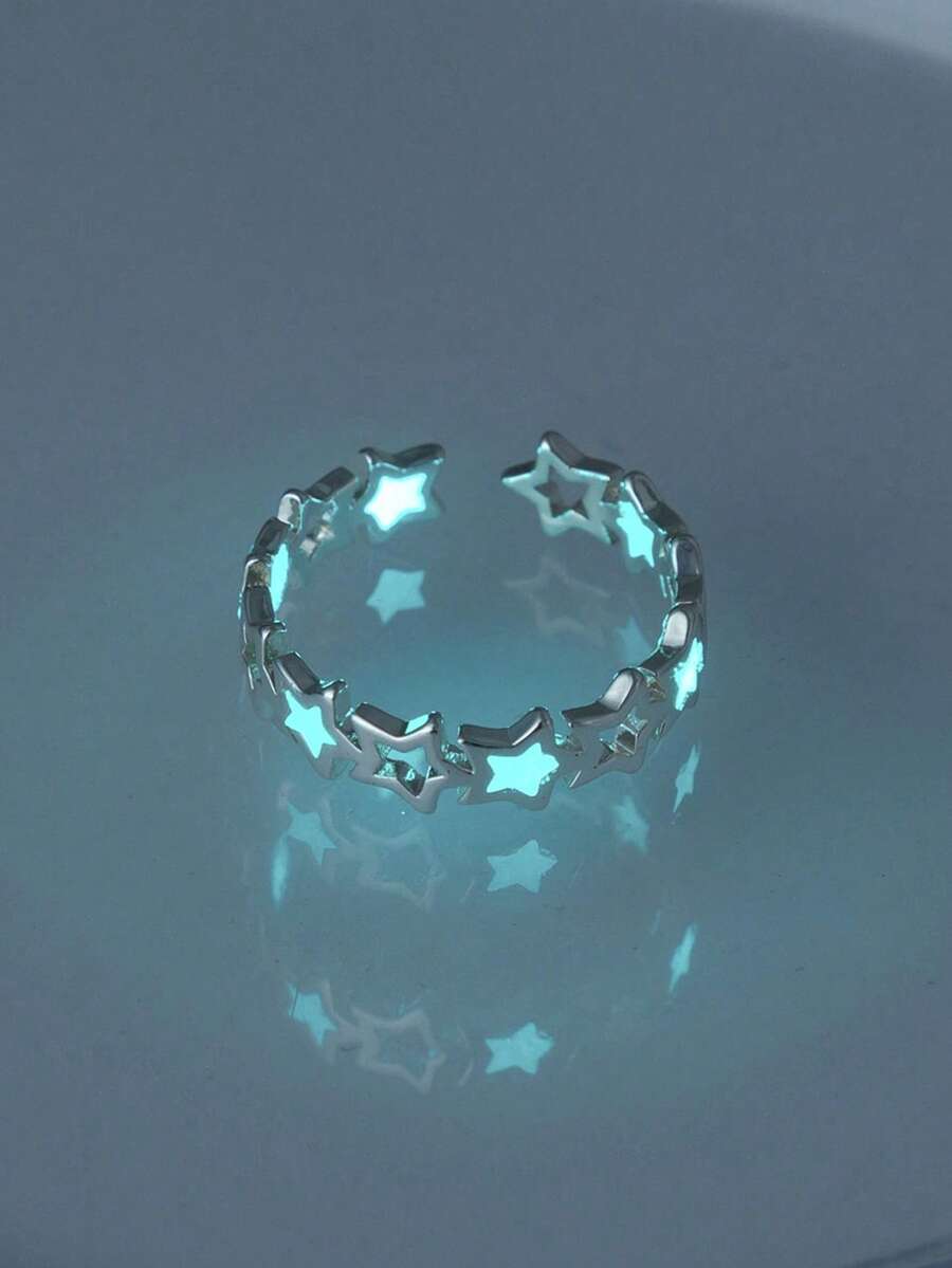 1pc Adjustable Copper Plated Silver Glow In The Dark Star Ring, Suitable For Women As Daily Accessory (Glows After Absorbing Light, Won't Glow Without Absorbing Light)