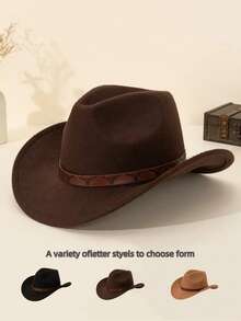 1pc Women's Fashion Heart-Shaped Wide Brim Curled Felt Hat, Decorated With Wide Belt And Cow Head Print, Versatile Western Cowboy Hat For Outdoor, Party, Unisex - Multi-bull Head Leather Belt Decorated Hat - View 1