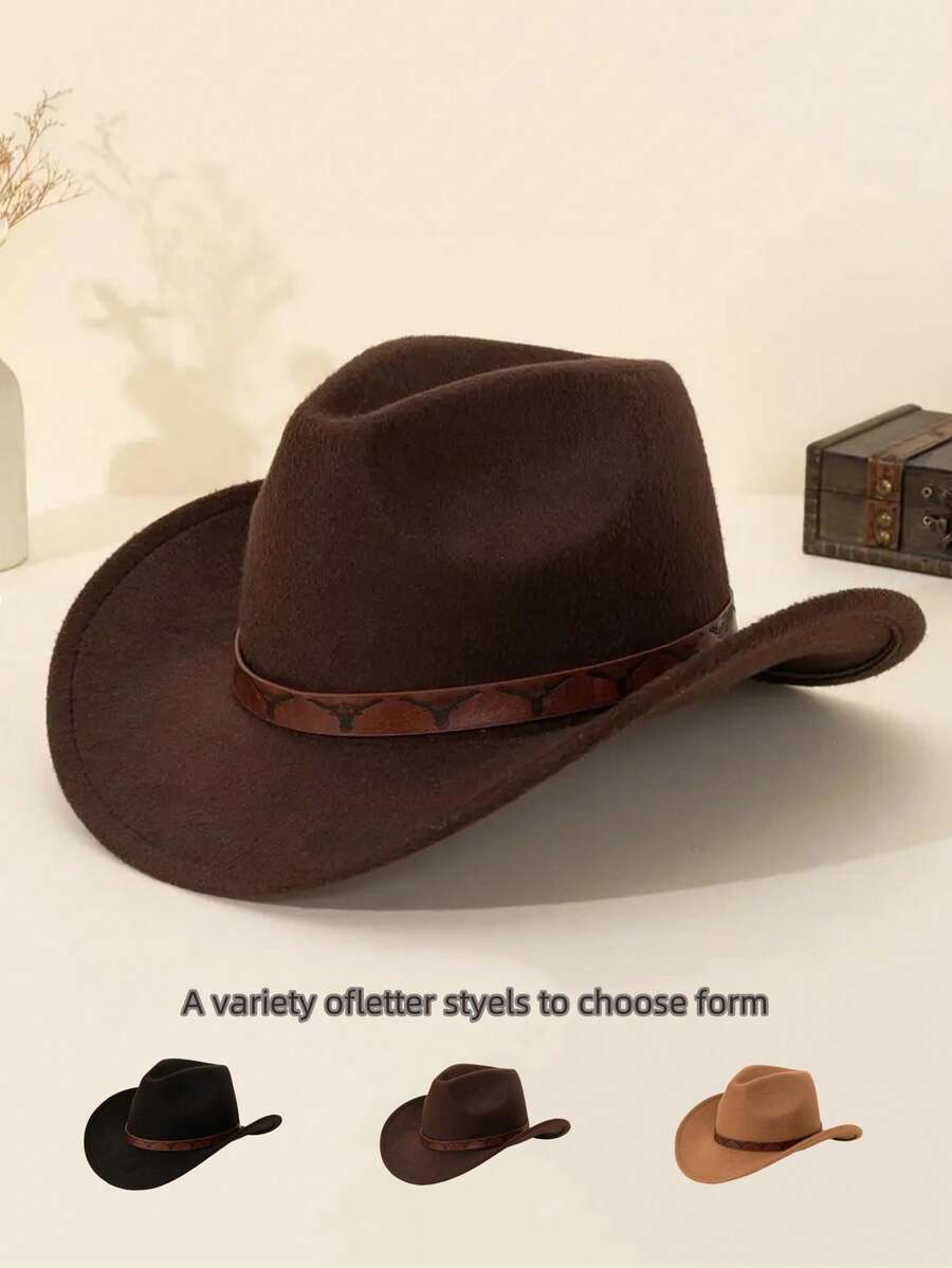 1pc Women's Fashion Heart-Shaped Wide Brim Curled Felt Hat, Decorated With Wide Belt And Cow Head Print, Versatile Western Cowboy Hat For Outdoor, Party, Unisex - Multi-bull Head Leather Belt Decorated Hat - View 1